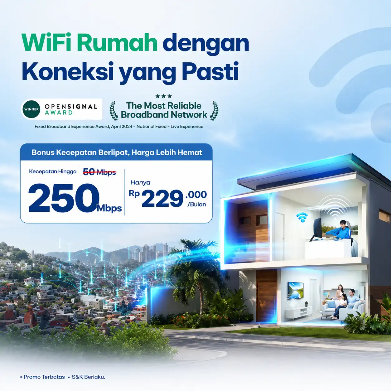 Banner promo XL SATU internet rumah 250 Mbps harga Rp229.000 per bulan dengan koneksi stabil untuk streaming, gaming, dan kebutuhan keluarga