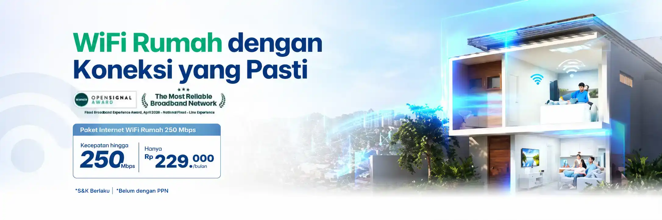 Banner promo XL SATU internet rumah 250 Mbps harga Rp229.000 per bulan dengan koneksi stabil untuk streaming, gaming, dan kebutuhan keluarga